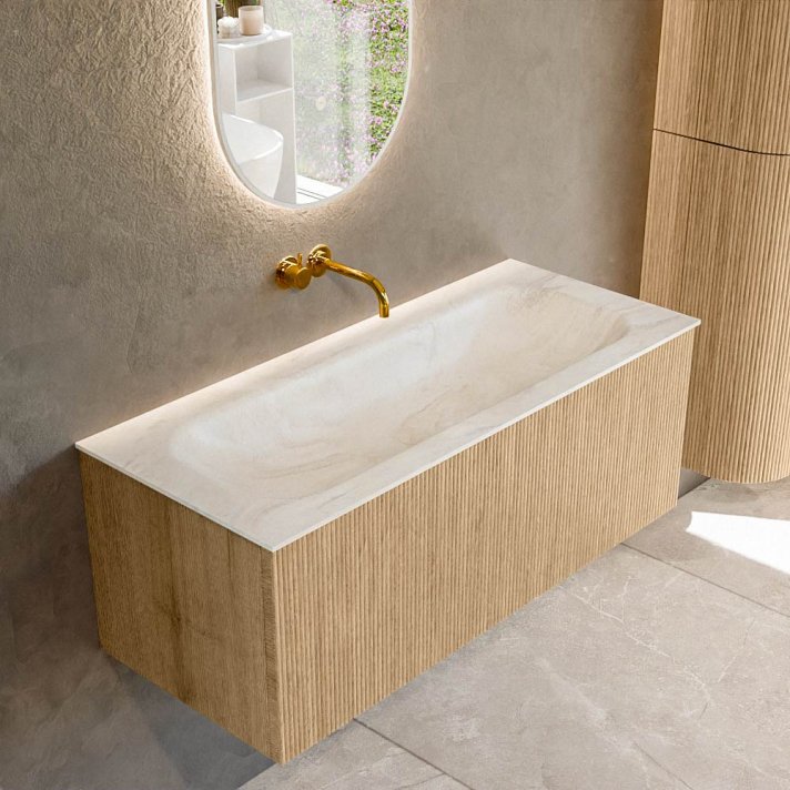 Mondiaz Kurve-Dlux 110cm badmeubel kleur Oak met 1 lade en 0 deuren. Wastafel Big medium Midden zonder kraangat Ostra.