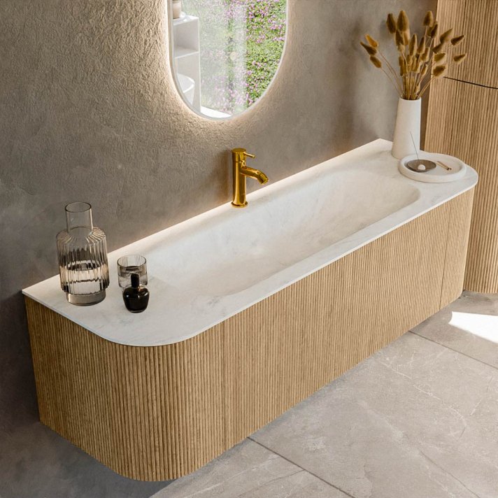 Mondiaz Kurve-Dlux 150cm badmeubel ronding Links + Rechts kleur Oak met 1 lade en 2 deuren. Wastafel Big medium Midden 1 kraangat Opalo.