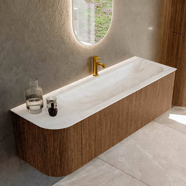 Mondiaz Kurve-Dlux 145cm badmeubel ronding Links kleur Walnut met 1 lade en 1 deur. Wastafel Big large Rechts 1 kraangat Ostra.