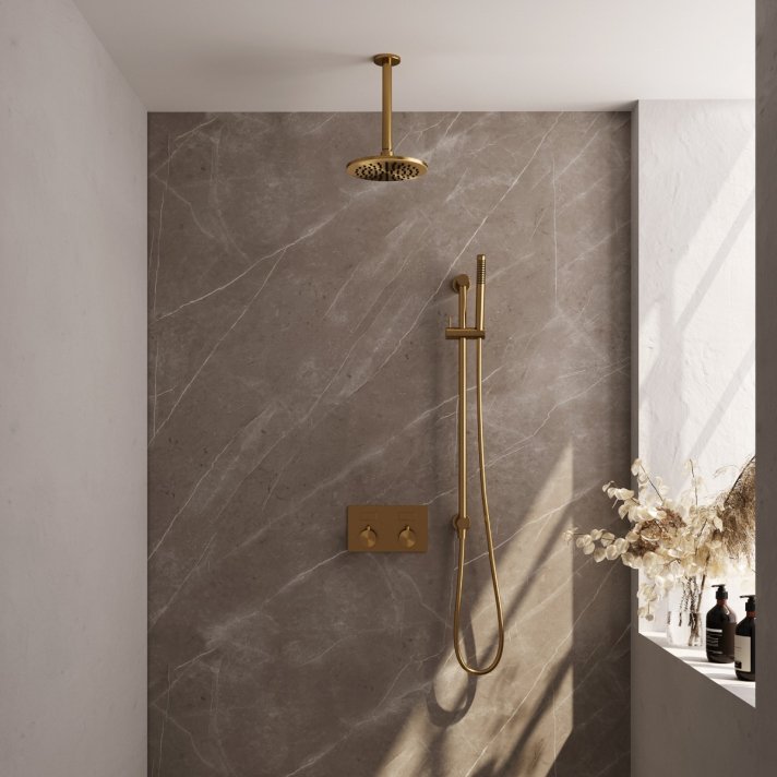 BRAUER Gold Edition thermostatische inbouw regendouche met drukknoppen SET 65 met 20 cm douchekop en plafondarm en staaf handdouche en doucheslang en geïntegreerde glijstang goud geborsteld PVD