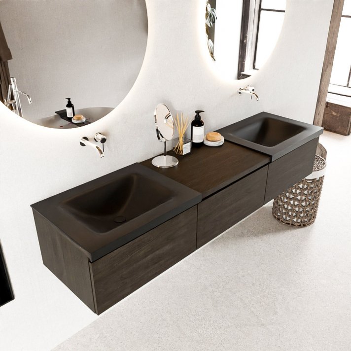 Mondiaz Bukla 180cm badmeubel met module 60 kleur Dark Brown met 3 lades. Wastafel Cloud dubbel 0 kraangaten kleur Urban.