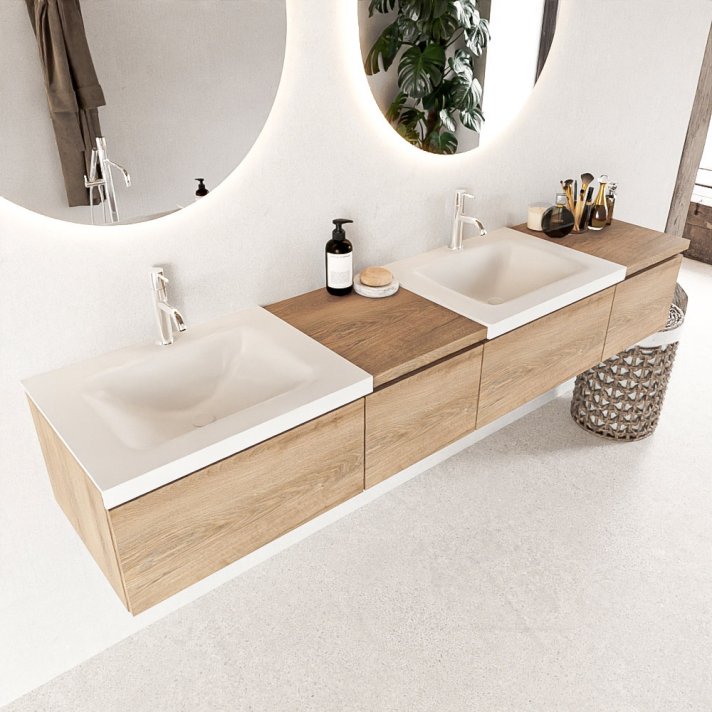 Mondiaz Bukla 200cm badmeubel met module 40 links kleur Washed Oak met 4 lades. Wastafel Cloud dubbel 2 kraangaten kleur Talc.
