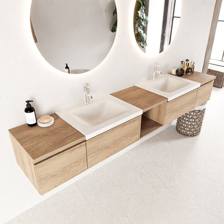 Mondiaz Bukla 240cm badmeubel met open module 40 midden kleur Washed Oak met 4 lades. Wastafel Cloud dubbel 2 kraangaten kleur Talc.