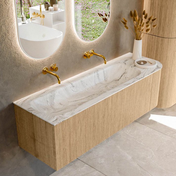 Mondiaz Kurve-Dlux 145cm badmeubel ronding Rechts kleur Oak met 1 lade en 1 deur. Wastafel Big large Links zonder kraangat Glace.