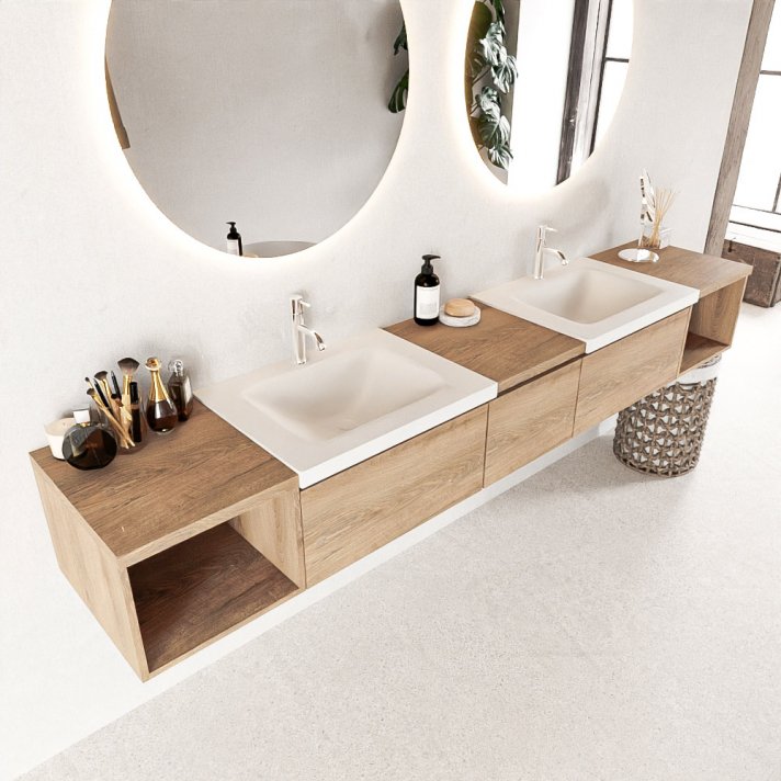 Mondiaz Bukla 240cm badmeubel met open module 40 L+R kleur Washed Oak met 3 lades. Wastafel Cloud dubbel 2 kraangaten kleur Talc.