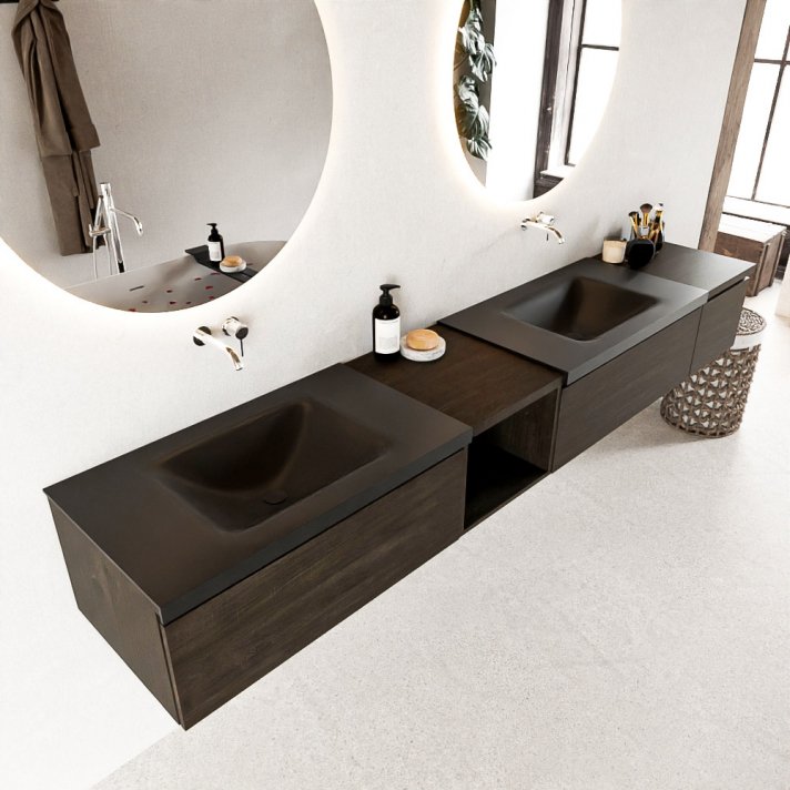 Mondiaz Bukla 240cm badmeubel met open module 40 links kleur Dark Brown met 3 lades. Wastafel Cloud dubbel 0 kraangaten kleur Urban.