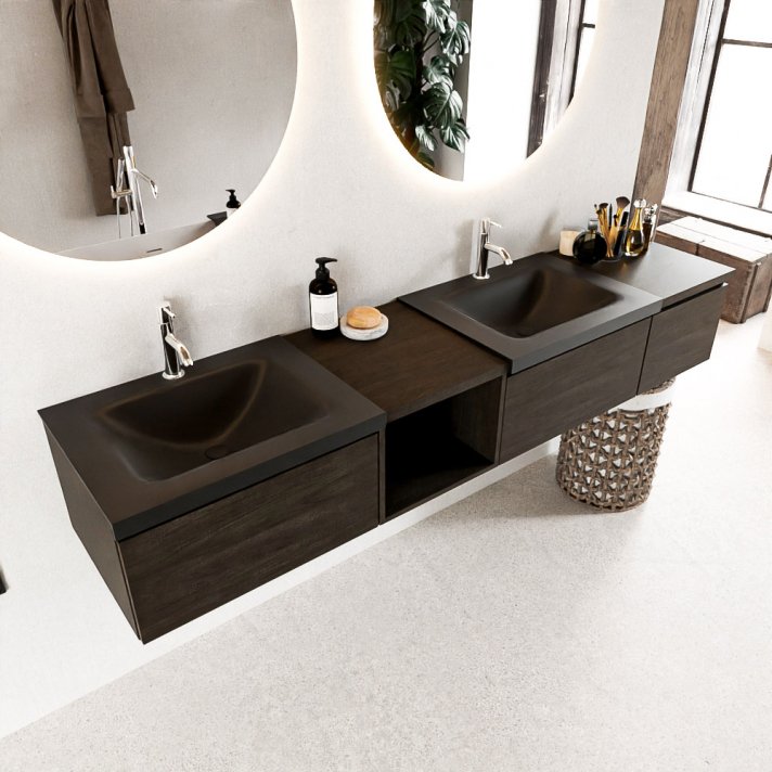 Mondiaz Bukla 200cm badmeubel met open module 40 links kleur Dark Brown met 3 lades. Wastafel Cloud dubbel 2 kraangaten kleur Urban.