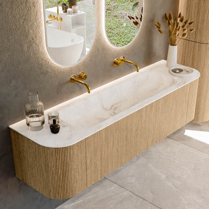 Mondiaz Kurve-Dlux 170cm badmeubel ronding Links + Rechts kleur Oak met 1 lade en 2 deuren. Wastafel Big large Midden zonder kraangat Frappe.