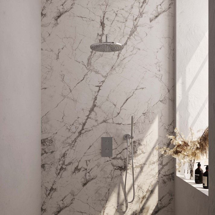 BRAUER Chrome Edition thermostatische inbouw regendouche 3-weg omstelling SET 28 met 30 cm douchekop en gebogen muurarm en staaf handdouche en doucheslang en wandaansluitbocht chroom