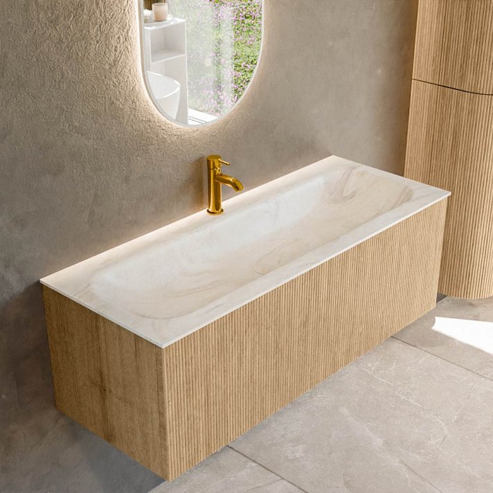 Mondiaz Kurve-Dlux 120cm badmeubel kleur Oak met 1 lade en 0 deuren. Wastafel Big large Midden 1 kraangat Ostra.