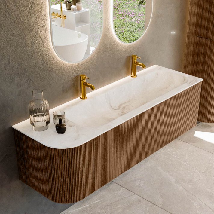 Mondiaz Kurve-Dlux 145cm badmeubel ronding Links kleur Walnut met 1 lade en 1 deur. Wastafel Big large Rechts 2 kraangaten Frappe.
