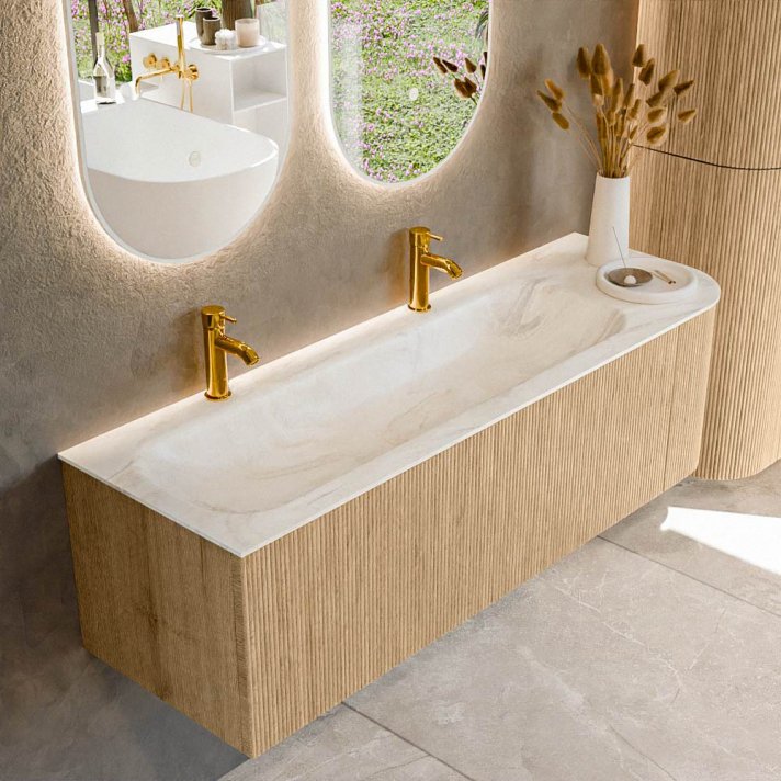 Mondiaz Kurve-Dlux 145cm badmeubel ronding Rechts kleur Oak met 1 lade en 1 deur. Wastafel Big large Links 2 kraangaten Ostra.