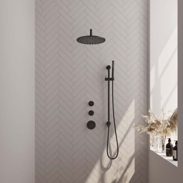 BRAUER Black Edition thermostatische inbouw regendouche SET 16 met 30 cm douchekop en gebogen muurarm en staaf handdouche en doucheslang en geïntegreerde glijstang mat zwart
