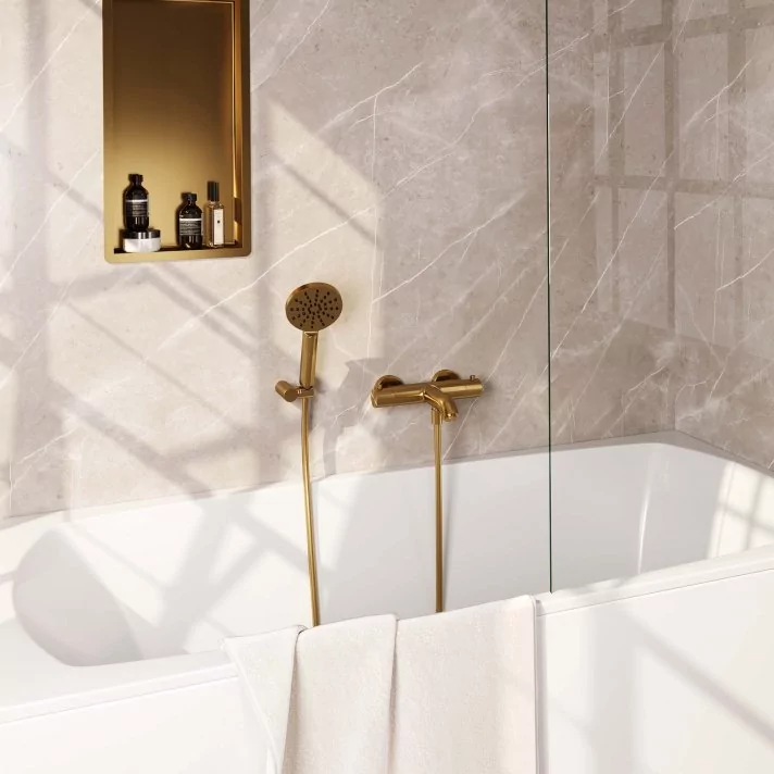 BRAUER Gold Edition opbouw baddouche thermostaatkraan SET 04 met wandhouder en 3-standen handdouche en doucheslang goud geborsteld PVD