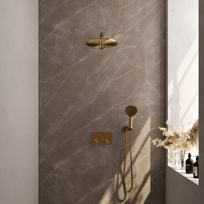 BRAUER Gold Edition thermostatische inbouw regendouche met drukknoppen SET 56 met 30 cm douchekop en rechte muurarm en 3-standen handdouche en doucheslang en wandaansluitbocht goud geborsteld PVD