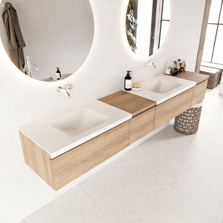 Mondiaz Bukla 240cm badmeubel met module 40 links kleur Washed Oak met 4 lades. Wastafel Cloud dubbel 0 kraangaten kleur Talc.