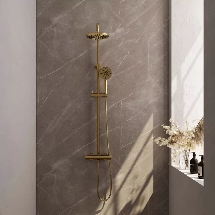 BRAUER Gold Edition opbouw thermostatische regendouche SET 02 met 20 cm douchekop en 3-standen handdouche en doucheslang goud geborsteld PVD