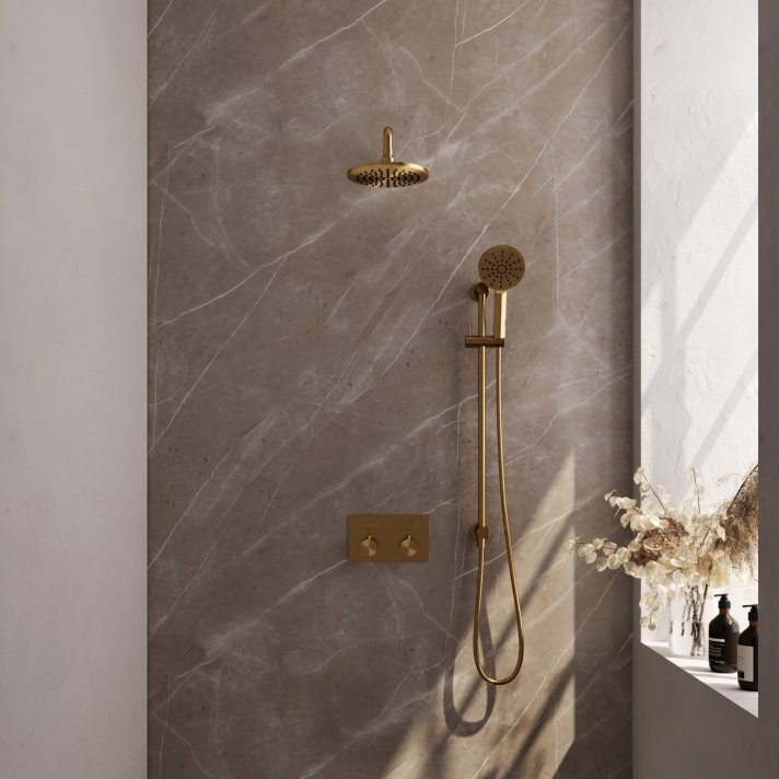 BRAUER Gold Edition thermostatische inbouw regendouche met drukknoppen SET 69 met 20 cm douchekop en gebogen muurarm en 3-standen handdouche en doucheslang en geïntegreerde glijstang goud geborsteld PVD