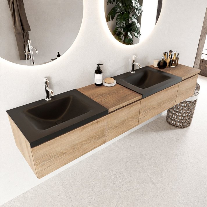 Mondiaz Bukla 200cm badmeubel met module 40 links kleur Washed Oak met 4 lades. Wastafel Cloud dubbel 2 kraangaten kleur Urban.