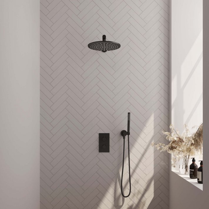 BRAUER Black Edition thermostatische inbouw regendouche 3-weg omstelling SET 26 met 30 cm douchekop en rechte muurarm en staaf handdouche en doucheslang en wandaansluitbocht mat zwart