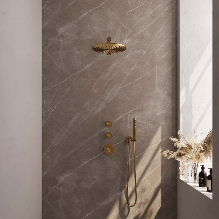 BRAUER Gold Edition thermostatische inbouw regendouche SET 02 met 30 cm douchekop en rechte muurarm en staaf handdouche en doucheslang en wandaansluitbocht goud geborsteld PVD