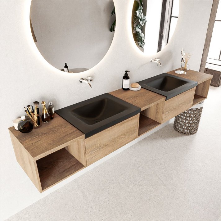 Mondiaz Bukla 240cm badmeubel met open module 40 L+M+R kleur Washed Oak met 2 lades. Wastafel Cloud dubbel 0 kraangaten kleur Urban.
