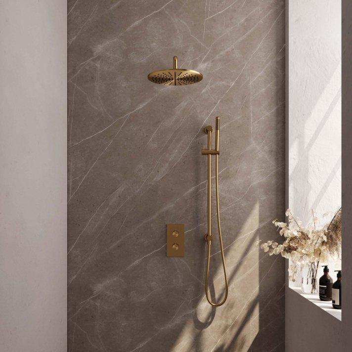 BRAUER Gold Carving thermostatische inbouw regendouche 3-weg omstelling SET 40 met 30 cm douchekop en gebogen muurarm en staaf handdouche en doucheslang en geïntegreerde glijstang goud geborsteld PVD
