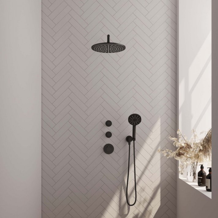 BRAUER Black Carving thermostatische inbouw regendouche SET 10 met 30 cm douchekop en gebogen muurarm en 3-standen handdouche en doucheslang en wandaansluitbocht mat zwart