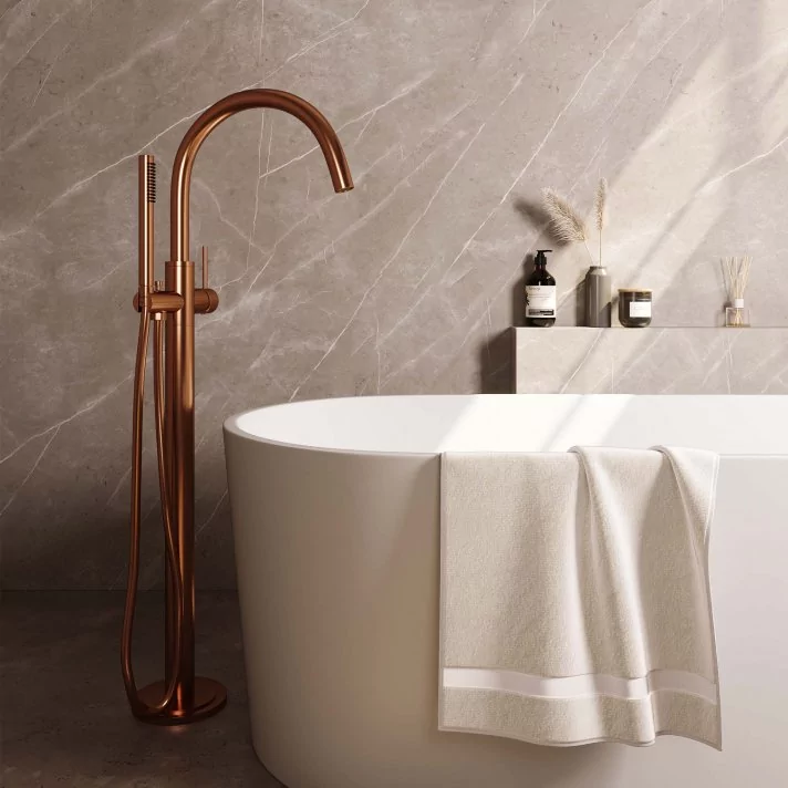 BRAUER Copper Edition vrijstaande badmengkraan SET 01 met staaf handdouche en doucheslang koper geborsteld PVD