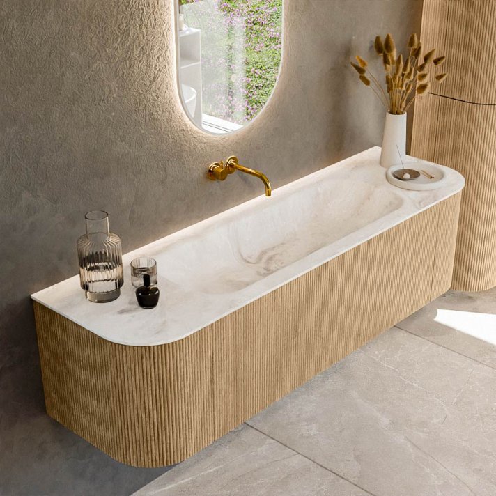 Mondiaz Kurve-Dlux 160cm badmeubel ronding Links + Rechts kleur Oak met 1 lade en 2 deuren. Wastafel Big medium Midden zonder kraangat Frappe.