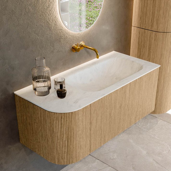 Mondiaz Kurve-Dlux 105cm badmeubel ronding Links kleur Oak met 1 lade en 1 deur. Wastafel Big small Rechts zonder kraangat Opalo.