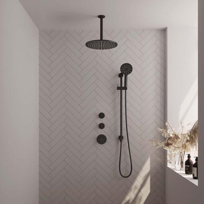 BRAUER Black Carving thermostatische inbouw regendouche SET 24 met 30 cm douchekop en plafondarm en 3-standen handdouche en doucheslang en geïntegreerde glijstang mat zwart