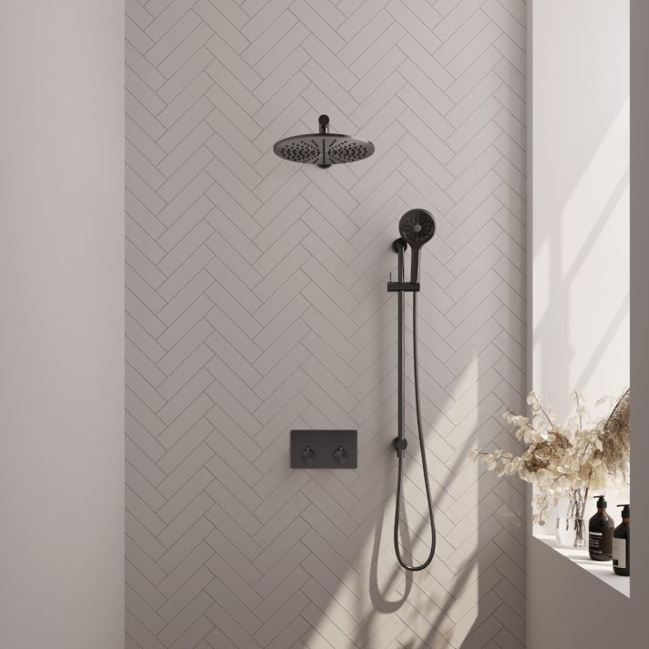 BRAUER Gunmetal Carving thermostatische inbouw regendouche met drukknoppen SET 68 met 30 cm douchekop en rechte muurarm en 3-standen handdouche en doucheslang en geïntegreerde glijstang gunmetal geborsteld PVD