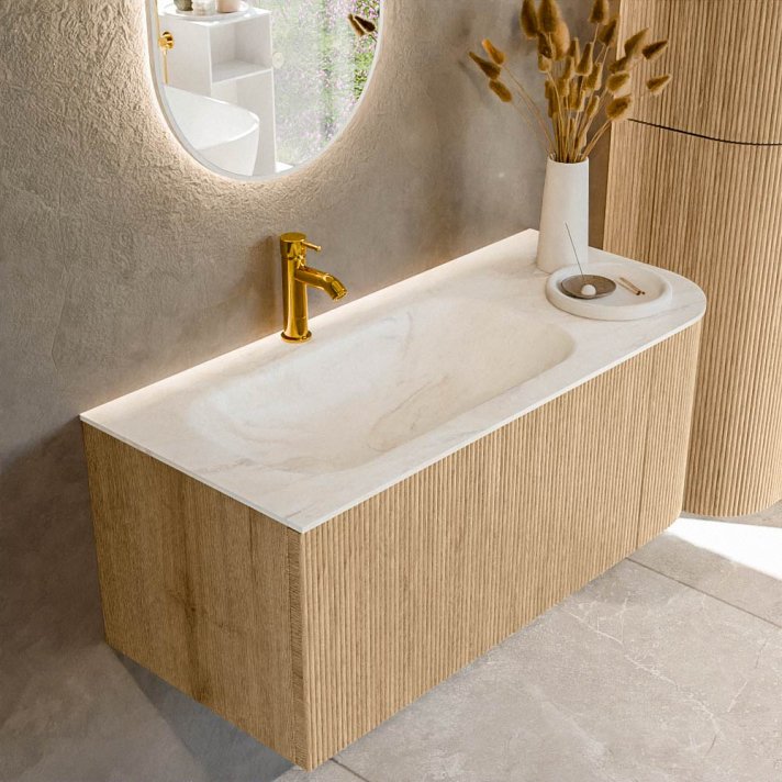 Mondiaz Kurve-Dlux 105cm badmeubel ronding Rechts kleur Oak met 1 lade en 1 deur. Wastafel Big small Links 1 kraangat Ostra.