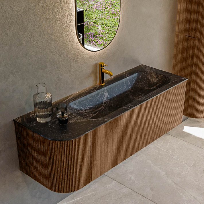 Mondiaz Kurve-Dlux 135cm badmeubel ronding Links kleur Walnut met 1 lade en 1 deur. Wastafel Big medium Rechts 1 kraangat Lava.