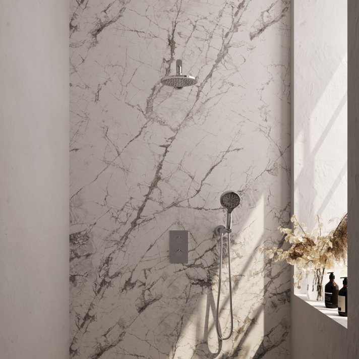 BRAUER Chrome Edition thermostatische inbouw regendouche 3-weg omstelling SET 31 met 20 cm douchekop en rechte muurarm en 3-standen handdouche en doucheslang en wandaansluitbocht chroom