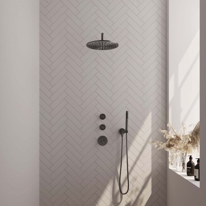 BRAUER Gunmetal Carving thermostatische inbouw regendouche SET 04 met 30 cm douchekop en gebogen muurarm en staaf handdouche en doucheslang en wandaansluitbocht gunmetal geborsteld PVD