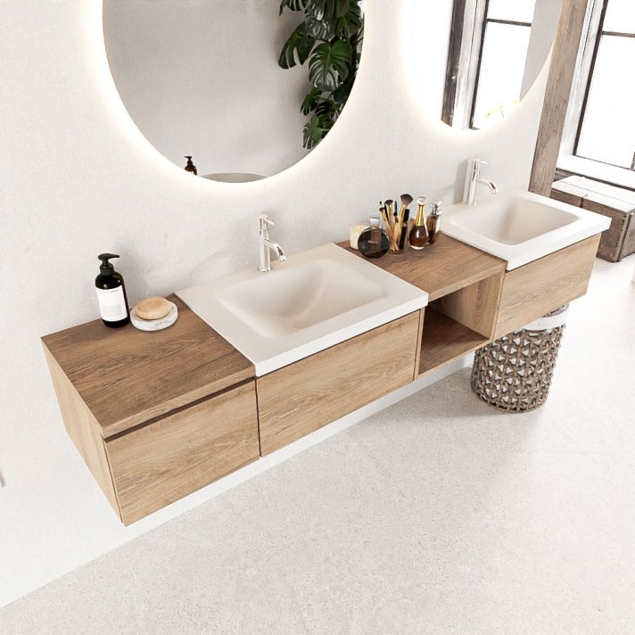 Mondiaz Bukla 200cm badmeubel met open module 40 rechts kleur Washed Oak met 3 lades. Wastafel Cloud dubbel 2 kraangaten kleur Talc.