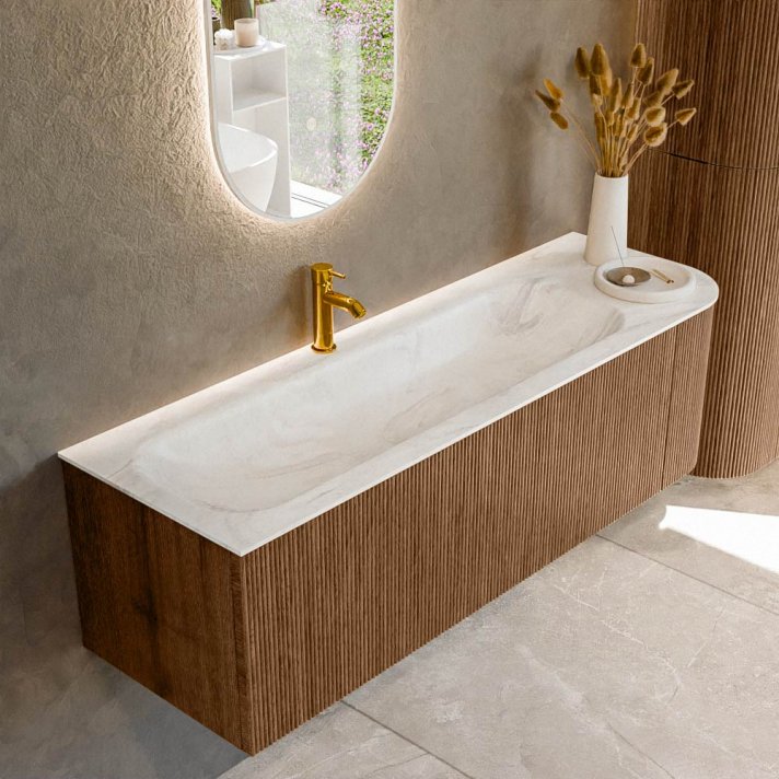Mondiaz Kurve-Dlux 145cm badmeubel ronding Rechts kleur Walnut met 1 lade en 1 deur. Wastafel Big large Links 1 kraangat Ostra.