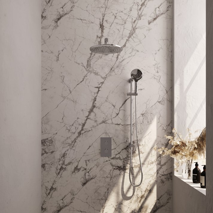 BRAUER Chrome Edition thermostatische inbouw regendouche 3-weg omstelling SET 44 met 30 cm douchekop en rechte muurarm en 3-standen handdouche en doucheslang en geïntegreerde glijstang chroom