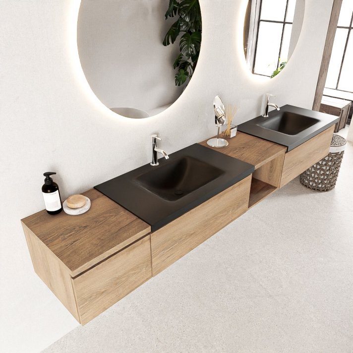 Mondiaz Bukla 240cm badmeubel met open module 40 rechts kleur Washed Oak met 3 lades. Wastafel Cloud dubbel 2 kraangaten kleur Urban.