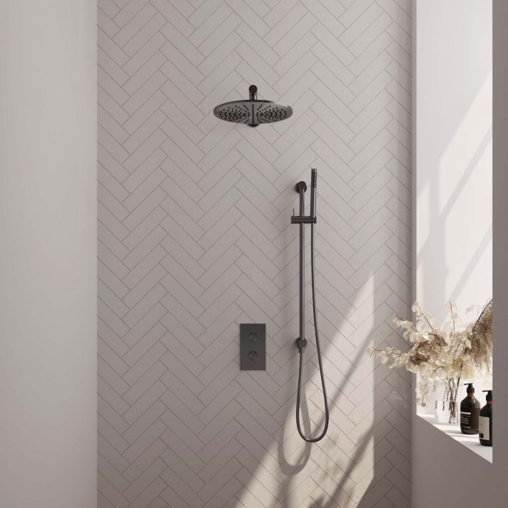 BRAUER Gunmetal Carving thermostatische inbouw regendouche 3-weg omstelling SET 38 met 30 cm douchekop en rechte muurarm en staaf handdouche en doucheslang en geïntegreerde glijstang gunmetal geborsteld PVD