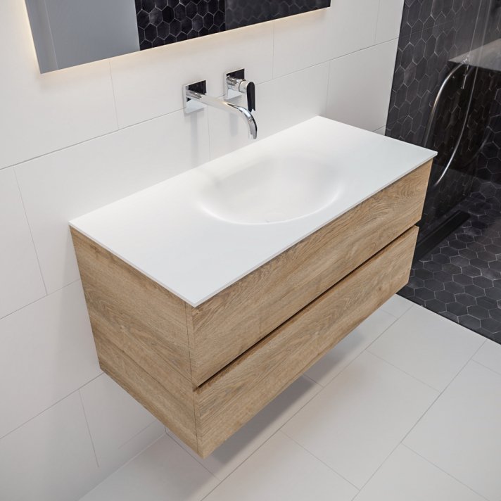 Mondiaz Vica 100 badmeubel washed oak 2 lades Moon midden geen kraangat