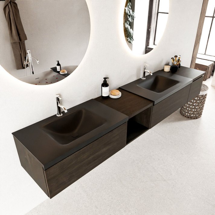Mondiaz Bukla 240cm badmeubel met open module 40 links kleur Dark Brown met 3 lades. Wastafel Cloud dubbel 2 kraangaten kleur Urban.