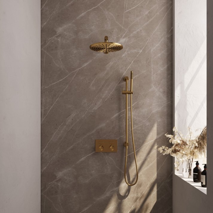 BRAUER Gold Edition thermostatische inbouw regendouche met drukknoppen SET 62 met 30 cm douchekop en rechte muurarm en staaf handdouche en doucheslang en geïntegreerde glijstang goud geborsteld PVD