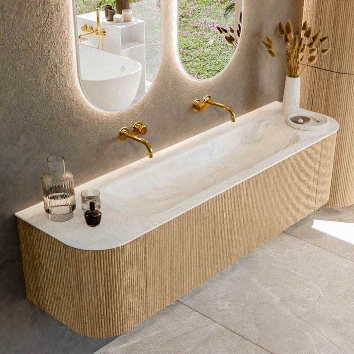 Mondiaz Kurve-Dlux 170cm badmeubel ronding Links + Rechts kleur Oak met 1 lade en 2 deuren. Wastafel Big large Midden zonder kraangat Ostra.