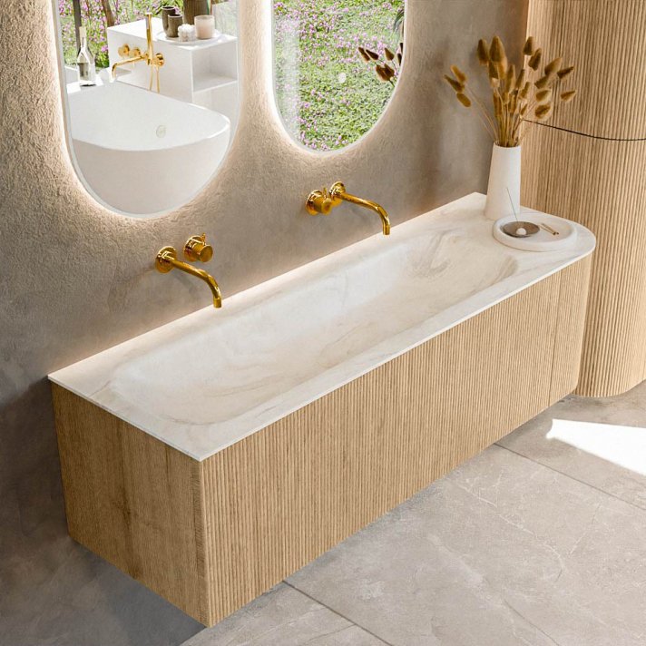 Mondiaz Kurve-Dlux 145cm badmeubel ronding Rechts kleur Oak met 1 lade en 1 deur. Wastafel Big large Links zonder kraangat Ostra.