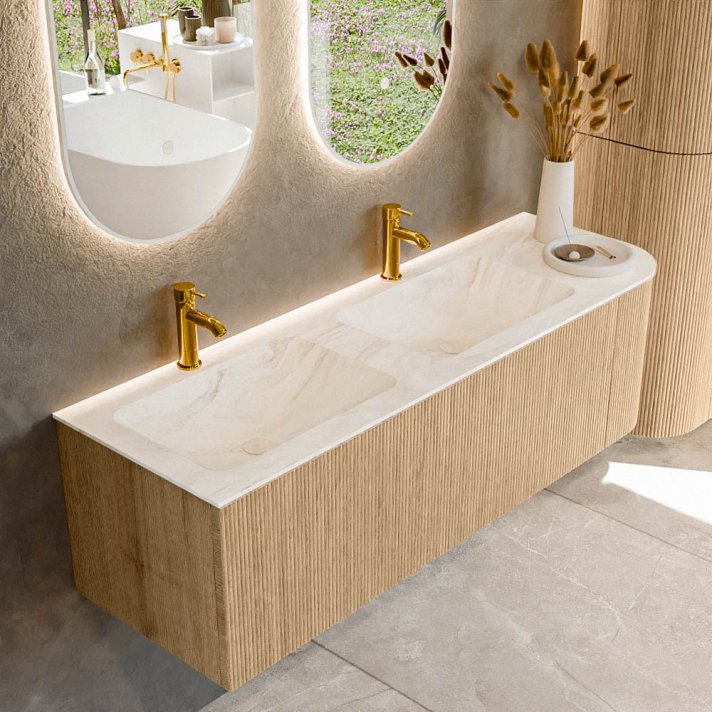 Mondiaz Kurve-Dlux 145cm badmeubel ronding Rechts kleur Oak met 1 lade en 1 deur. Wastafel Leaf Dubbel / Links 2 kraangaten Ostra.