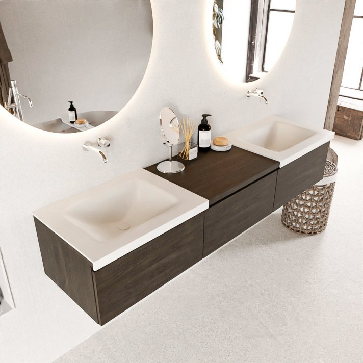 Mondiaz Bukla 180cm badmeubel met module 60 kleur Dark Brown met 3 lades. Wastafel Cloud dubbel 0 kraangaten kleur Talc.
