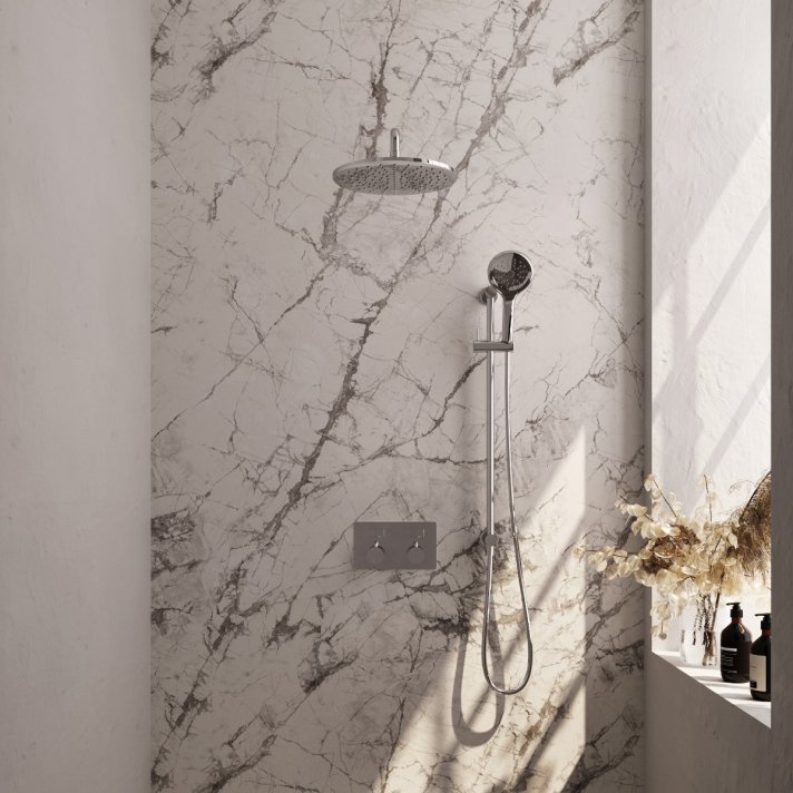 BRAUER Chrome Edition thermostatische inbouw regendouche met drukknoppen SET 70 met 30 cm douchekop en gebogen muurarm en 3-standen handdouche en doucheslang en geïntegreerde glijstang chroom